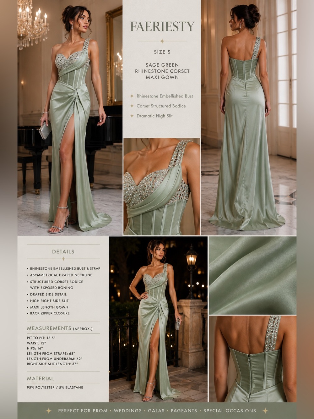 FAERIESTY S Sage Green Rhinestone Corset High Slit Formal Gown